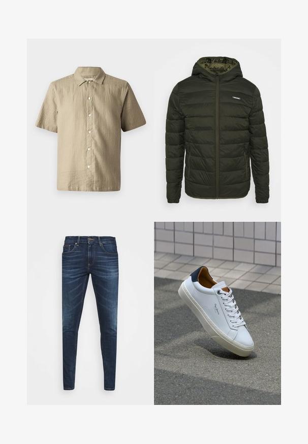 Vypchánkovaná bunda v olivovo zelenej farbe so zipsom vpredu, kapucňou a bočnými vreckami. Obsahuje horizontálne prešitie a hladký lesklý povrch.; Košela s krátkym rukávom v svetlej béžovej farbe, s textúrovanou tkaninou. Má predný zapínací systém na gombíky, špicatý golier a šesť gombíkov pozdĺž zapínania.; Tmavomodré džíny s úzkym strihom, jemným opotrebovaním, piatimi vreckami a kovovým zapínaním. Šité akcenty v kontrastnej farbe.; Biele kožené tenisky s námorníckym opätkom, okrúhlou špičkou a kontrastnými hnedými akcentami. Majú ploché šnúrky a textúrovanú gumovú podrážku.