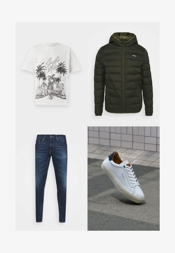 Soojad jakk oliivrohelises värvitoonis, millel on tõmbluku esiosa, kapuuts ja küljetaskud. Omab horisontaalset õmblust ja siledat läikivat tekstuuri.; Valge puuvillane T-särk, millel on must graafiline trükk palmipuudest ja linnasiluetist, mille peal on kiri "Santa Monica". Lühikesed varrukad, ümmargune kaelus.; Tumedat sinised teksad kitsas lõikes, kerge kulumisega, viie taskuga ja metallnööbiga sulgemine. Õmmeldud aktsendid kontrastsetes värvides.; Valge nahast tennis, millel on tumesinine konts, ümmargune nina ja kontrastsed pruuni aktsendid. Omab lamepaelti ja tekstureeritud kummist tallat.