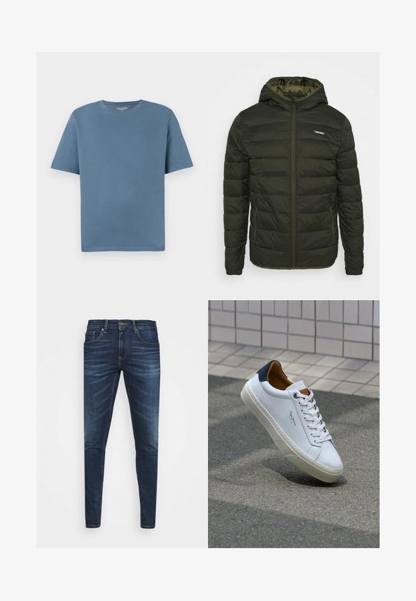 Jacket păturat în verde măsliniu cu un fermoar în față, glugă și buzunare laterale. Prezintă cusături orizontale și o textură netedă și lucioasă.; Tricou cu guler rotund și mâneci scurte din bumbac albastru deschis. Are o croială lejeră și detalii de tiv cusute. Fără modele sau accente suplimentare.; Jeans din denim de culoare albastră închisă, cu o croială slim, ușor decolorate, cinci buzunare și închidere cu buton metalic. Detalii cusute în culori contrastante.; Adidași din piele albă cu călcâi bleumarin, vârf rotund și accente contrastante de culoare maro. Dispun de șireturi plate și talpă din cauciuc texturat.