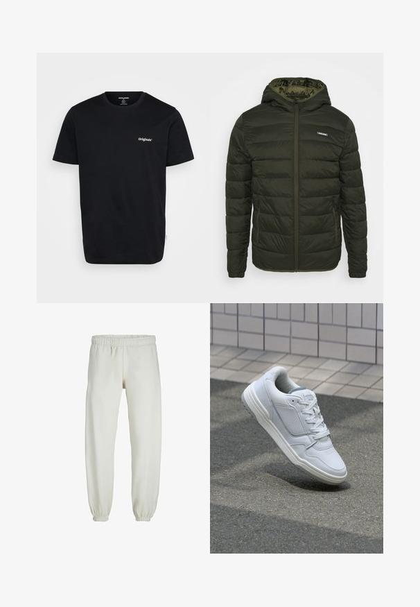 Soojad jakk oliivrohelises värvitoonis, millel on tõmbluku esiosa, kapuuts ja küljetaskud. Omab horisontaalset õmblust ja siledat läikivat tekstuuri.; Must must särk lühikeste varrukatega, ümar kaelus ja valge "Originals" logo rinnal. Sile tekstuur, regulaarne istuvus.; Valged trennipüksid, mis on valmistatud pehmest kangast, elastse vöökoha ja mansettidega, sileda tekstuuri ja lõdva lõikega.; Valge nahkne toss, millel on perforeeritud külgedega, tekstuuriga aktsendid, lame pael ja kontrastne hall konts. Omab veidi tõstetud tallat.