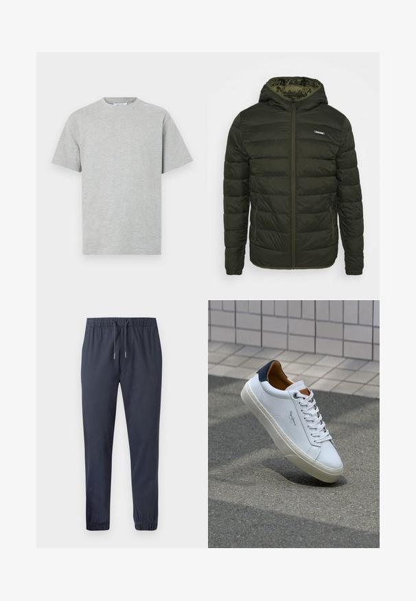 Gevoerde jas in olijfgroen met een rits voorkant, capuchon en zijzakken. Kenmerkt zich door horizontale stiknaden en een gladde glanzende textuur.; Grijze katoenen T-shirt met een ronde hals, korte mouwen en een relaxte pasvorm. Gladde textuur zonder zichtbare patronen of accenten.; Marineblauwe taps toelopende joggingbroek met een elastische tailleband, trekkoord en elastische boorden, gemaakt van een soepele, lichte stof.; Witte leren sneaker met een marineblauwe hiel, ronde neus en contrasterende bruin accent. Beschikt over platte veters en een gestructureerde rubberen zool.