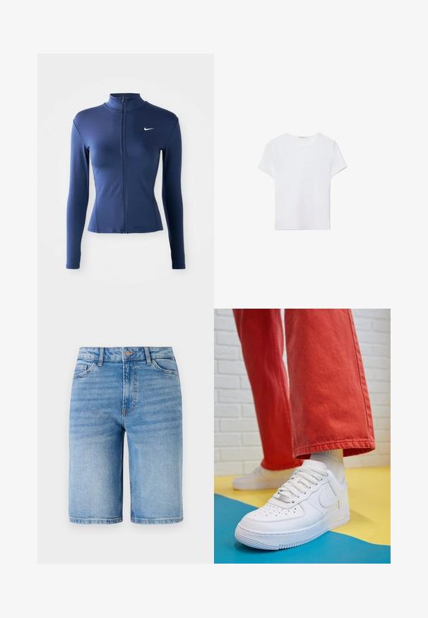 Women's fitted navy blue zip-up athletic jacket with long sleeves and white Nike logo on the chest.; White short-sleeve t-shirt made of soft fabric. Features a round neckline and a simple, clean design with a straight hemline.; Light blue denim shorts with a straight cut, five-pocket design, and visible stitching details. Classic waistband with button closure.; White leather sneaker with perforated toe box, textured sole, and white laces, paired with wide red pants and a blue and yellow background.