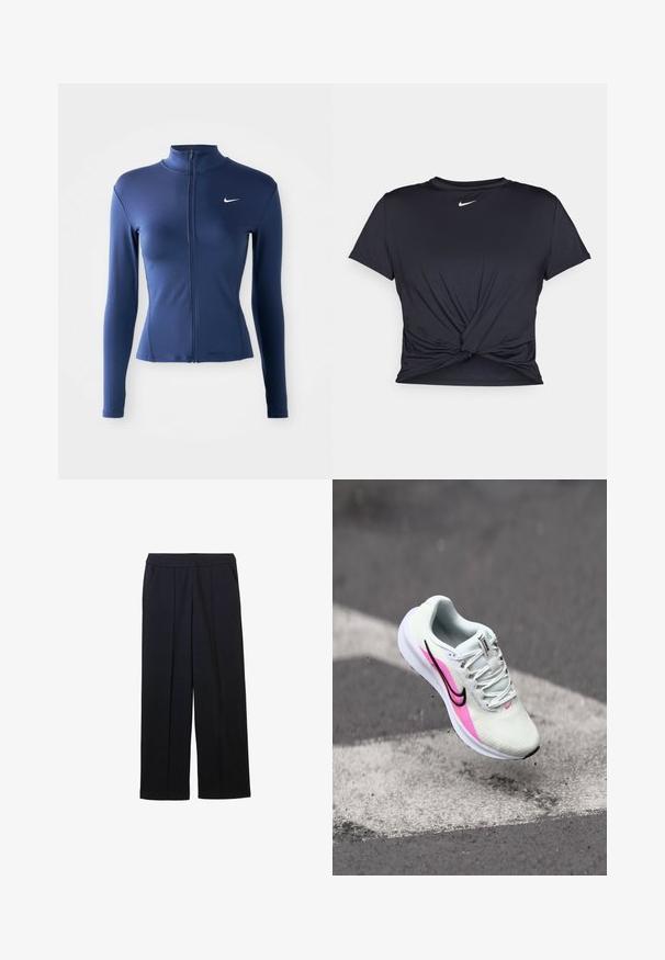 Dames aangesloten marineblauwe zip-up sportjack met lange mouwen en wit Nike-logo op de borst.; Zwarte sportieve T-shirt van gladde stof, met een geknoopt ontwerp aan de voorkant en een klein wit Nike-logo op de borst.; Wijde broek in donkerblauwe stof, met een vlakke voorkant, twee zijzakken en subtiele textuur. Gemaakt met een op maat gemaakt ontwerp en strakke lijnen.; Lichte hardloopschoen in witte mesh, met roze en zwarte accenten, verhoogde hak en gestructureerde zool, gepositioneerd in de lucht boven het pavé.