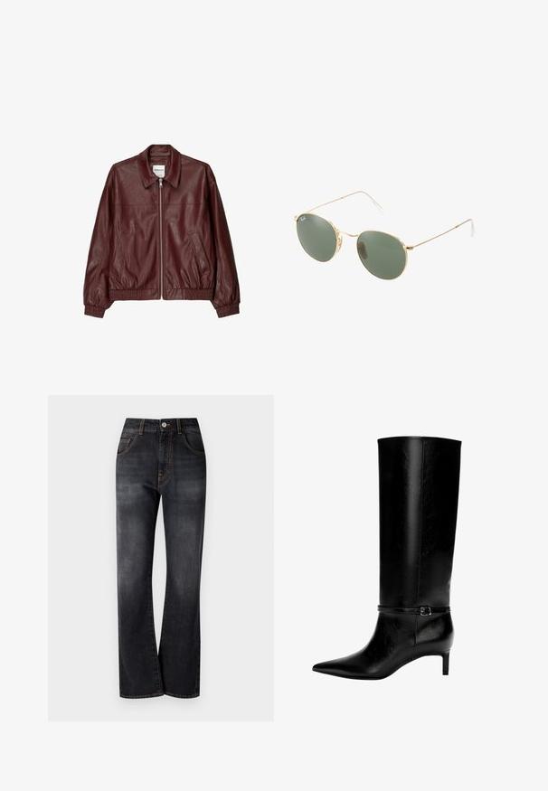Burgundska usnjena bomber jakna s sprednjim zadrgo, stoječim ovratnikom, dvema stranskima žepoma ter elastičnimi manšetami in robom. Gladka tekstura.; Bela srajca z dolgimi rokavi z gumbi, s koničastim ovratnikom in ukrivljenim robom, prikazana na enobarvnem ozadju.; Črne kavbojke iz denima s ravnim krojem, opremljene z oranžnimi šivi, petimi žepi in klasičnim gumbom za zapiranje v pasu.; Črne usnjene zimske škornje do kolen s koničastim nosom in majhno peto. Imajo ozko zaponko z kovinsko zaponko okoli gležnja. Gladka tekstura.; Zlate sončne očala z zelenimi lečami, okrogle oblike, tanke ročice in bele plastične podrobnosti na konicah ročic.