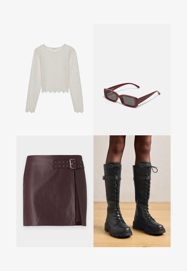 Giacca bomber in pelle bordeaux con zip frontale, colletto rialzato, due tasche laterali e polsini ed orlo elasticizzati. Texture liscia.; Top a maniche lunghe color crema con un motivo floreale testurizzato, design corto e orlo a scallop. Realizzato in un tessuto leggero e semitrasparente.; Gonna in eco-pelle bordeaux con vita alta e cintura con fibbia metallica, caratterizzata da uno spacco laterale e una texture liscia e lucida.; Stivali alti in pelle nera con lacci, design fino al ginocchio, punta rotonda, suola spessa e testurizzata, e dettaglio decorativo con cintura laterale e accessori metallici.; Occhiali da sole rettangolari bordeaux con lenti scure, montatura spessa e tempie affusolate. Realizzati in plastica lucida con una texture liscia.