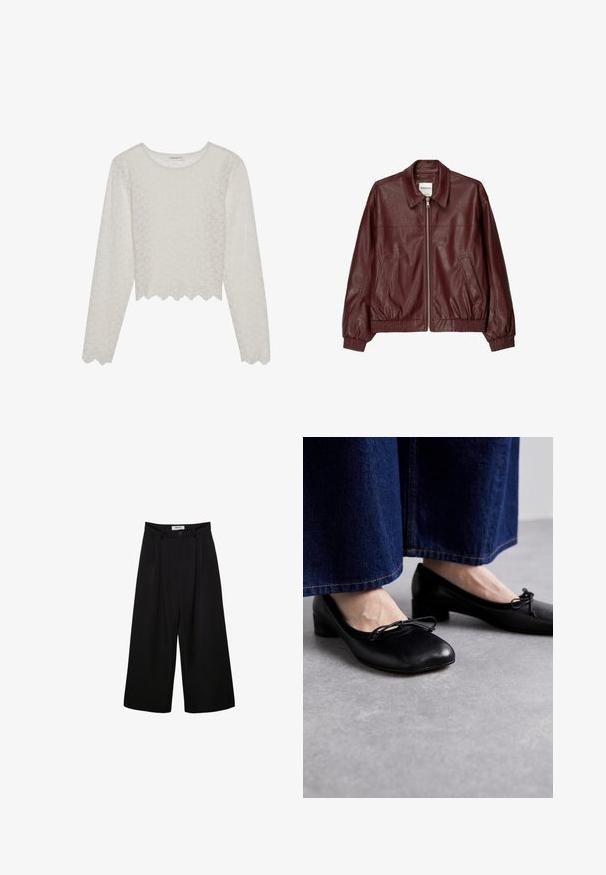 Bordeauxfarbene Leder-Bomberjacke mit einem Reißverschluss vorne, stehendem Kragen, zwei Seitentaschen und elastischen Bündchen sowie Saum. Glatte Textur.; Cremfarbene Langarmbluse mit strukturiertem Blumenmuster, verkürztem Schnitt und gewelltem Saum. Hergestellt aus einem leichten, halbtransparenten Stoff.; Schwarze weite Hosen mit hoher Taille, gefaltetem Vorderteil und Knopfverschluss. Aus glattem Stoff mit maßgeschneidertem Design.; Schwarze Lederschuhe mit quadratischer Schuhspitze und kleinem Absatz, ausgestattet mit einer dekorativen Schleife an der Vorderseite. Kombiniert mit dunklen Jeanshosen.