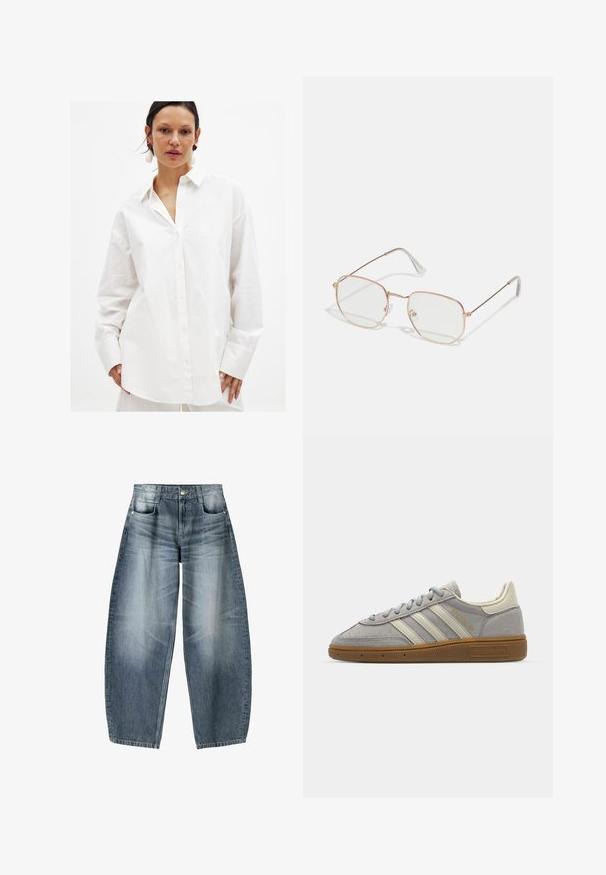 Giacca bomber in pelle bordeaux con zip frontale, colletto rialzato, due tasche laterali e polsini ed orlo elasticizzati. Texture liscia.; Camicia bianca con bottoni realizzata in cotone morbido. Presenta un colletto classico, maniche lunghe e una vestibilità ampia con una texture sottile.; Jeans a gamba larga in denim azzurro chiaro con sfumature, dotati di design a cinque tasche, chiusura con bottone e dettagli di cucitura minimal.; Sneakers in suede grigio con strisce in pelle grigia chiara e suola in gomma color gomma. Le caratteristiche includono chiusura con lacci e branding sottile sulla linguetta.; Occhiali rettangolari con una sottile montatura in metallo color oro rosa. Lenti trasparenti, punte delle aste trasparenti e dettagli delicati attorno alle lenti.; Borsa tote in pelle intrecciata marrone con due manici, dalla forma strutturata e superficie texturizzata, caratterizzata da un motivo a diamante in tutto il suo corpo.