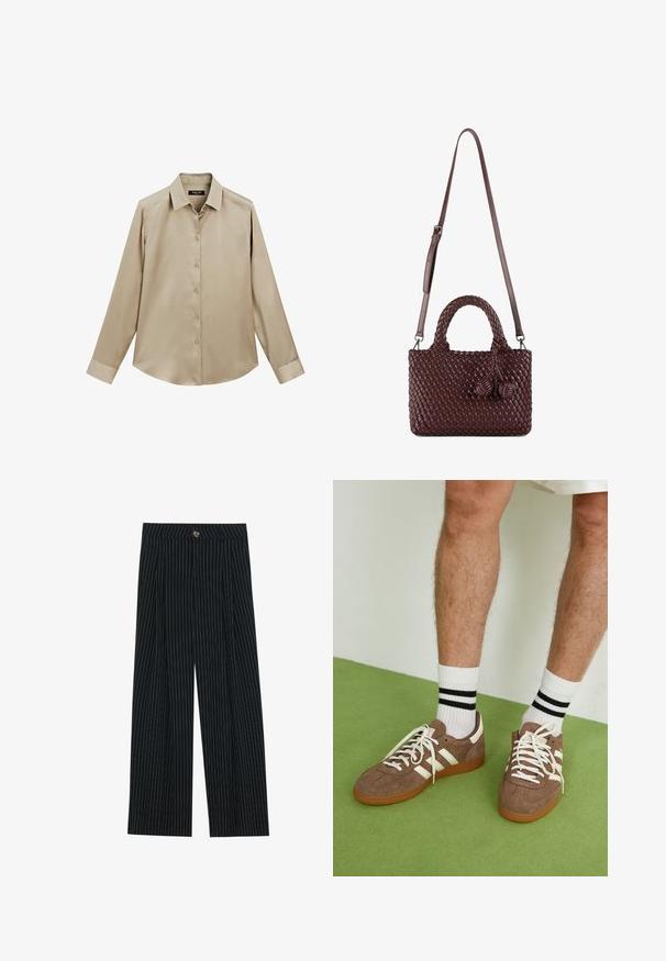 Burgundy leather bomber jacket with a front zipper, standing collar, two side pockets, and elasticized cuffs and hem. Smooth texture.; Beige long-sleeve button-up shirt with classic collar and cuffs, smooth fabric, and slightly curved hem.; Black pinstriped wide-leg trousers made of textured fabric, featuring a front button closure and pleated design for added interest.; Brown suede sneakers with white accents and laces. Rubber gum sole. Worn with white socks featuring black stripes. Green textured flooring.; Braided brown leather handbag with a top handle and adjustable shoulder strap, featuring decorative tassels on one side.