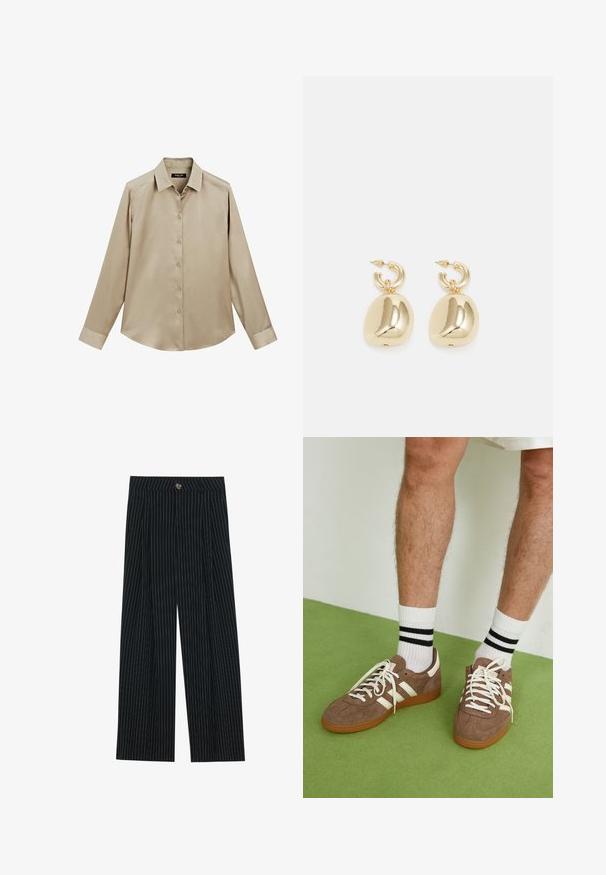 Giacca bomber in pelle bordeaux con zip frontale, colletto rialzato, due tasche laterali e polsini ed orlo elasticizzati. Texture liscia.; Camicia beige a maniche lunghe con colletto e polsini classici, tessuto morbido e orlo leggermente curvato.; Pantaloni larghi a righe nere realizzati in tessuto strutturato, con chiusura frontale a bottone e design plissettato per un tocco di originalità.; Sneaker in suede marrone con dettagli e lacci bianchi. Suola in gomma color gomma. Indossati con calzini bianchi con righe nere. Pavimento verde texturizzato.; Orecchini a cerchio in oro con pendenti lisci e arrotondati dal riflesso lucido, sospesi a un attacco a cerchio texture.