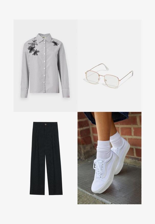 Burgundy leather bomber jacket with a front zipper, standing collar, two side pockets, and elasticized cuffs and hem. Smooth texture.; Striped black and white button-up shirt with long sleeves, featuring black floral embroidery on the left shoulder and chest area.; Black pinstriped wide-leg trousers made of textured fabric, featuring a front button closure and pleated design for added interest.; White canvas sneakers with rubber soles, featuring six eyelets, round toe, and light stitching details, paired with white ankle socks.; Rectangular eyeglasses with a thin, rose gold metal frame. Clear lenses, transparent temple tips, and delicate detailing around the lenses.; Braided brown leather handbag with a top handle and adjustable shoulder strap, featuring decorative tassels on one side.