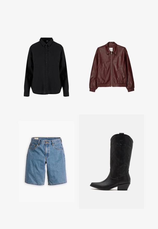 Bordeaux leren bomberjack met een voorsluiting met rits, staande kraag, twee zijzakken en elastische manchetten en onderrand. Glad textuur.; Zwarte lange mouwen blouse met knopen, gemaakt van katoen, met een klassieke kraag, voorknoopsluiting en een ontspannen pasvorm met een gebogen zoom.; Blauwe denim shorts met een klassiek vijf-pocket ontwerp, een ritssluiting met een knoopsluiting en rafelige zoomranden.; Zwarte leren cowboylaars met spitse neus, lage gestapelde hak en een ingewikkeld geïmbossieerd bladerenpatroon op de schacht. Lus aan de bovenkant voor eenvoudig aantrekken.