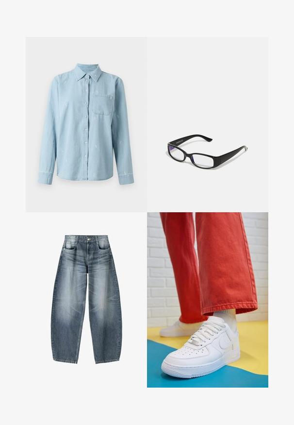 Burgundská kožená bomber bunda s předním zipem, stojáčkem, dvěma bočními kapsami a elastičtými manžetami a lemem. Hladká textura.; Světle modrá denimová košile s dlouhými rukávy, předním zapínáním na knoflíky a náprsní kapsou. Obsahuje bílé květinové vyšívání po celé látce.; Džínsy s širokými nohavicemi vyrobené z světle modrého denimového materiálu s vybledlým vzhledem, s pěti kapsami, zapínáním na knoflík a minimálními stehy.; Bílé kožené tenisky s perforovanou špičkou, texturovanou podešví a bílými tkaničkami, v kombinaci s širokými červenými kalhotami a modro-žlutým pozadím.; Černé obdélníkové brýle s průhlednými čočkami. Lesklý povrch, úzké ramínka a fialový nádech viditelný na okrajích čoček.