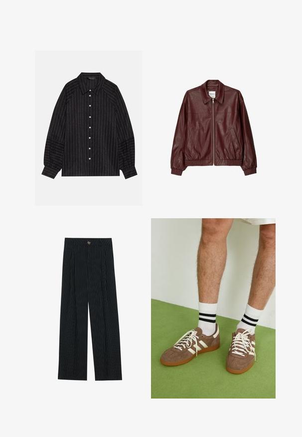Burgundy leather bomber jacket with a front zipper, standing collar, two side pockets, and elasticized cuffs and hem. Smooth texture.; Black button-up shirt with white stripes, featuring a pointed collar, long sleeves, and elastic cuffs. Made from a textured fabric.; Black pinstriped wide-leg trousers made of textured fabric, featuring a front button closure and pleated design for added interest.; Brown suede sneakers with white accents and laces. Rubber gum sole. Worn with white socks featuring black stripes. Green textured flooring.