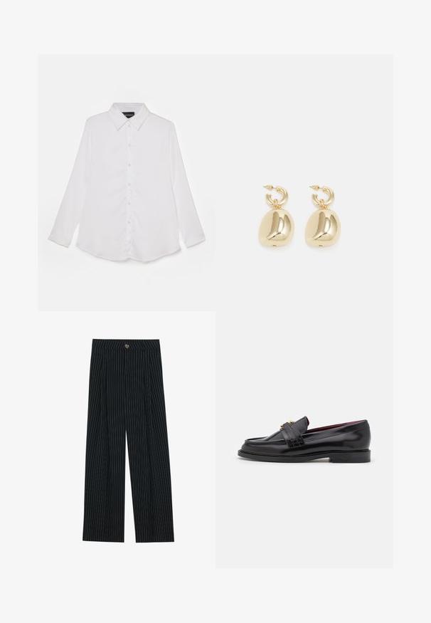 Burgundy leather bomber jacket with a front zipper, standing collar, two side pockets, and elasticized cuffs and hem. Smooth texture.; White long-sleeve shirt with button-up front, classic collar, smooth texture, curved bottom hem, and subtle sheen.; Black pinstriped wide-leg trousers made of textured fabric, featuring a front button closure and pleated design for added interest.; Black leather loafers with a stitched pattern, smooth texture, gold buckle detail, and a rounded toe, set on a low black sole.; Gold hoop earrings featuring smooth, rounded pendants with a reflective finish, suspended from a textured hoop attachment.