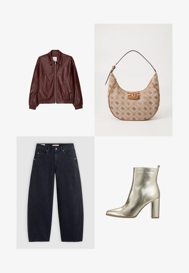 Veste bomber en cuir bordeaux avec une fermeture éclair à l'avant, col montant, deux poches latérales, et des poignets et un ourlet élastiques. Texture lisse.; Haut noir sans manches à col roulé, fabriqué en tissu doux, avec un patch logo Levi's blanc centré sur la poitrine.; Jean large en denim noir à taille haute, avec deux poches avant et des accessoires en argent. Texture lisse, détails de couture minimaux et coupe droite.; Bottine dorée métallisée avec un bout pointu, texture lisse et un talon épais. Présente une languette à l'arrière pour un enfilage facile.; Sac hobo beige avec un motif de logo marron, des garnitures en cuir et un fermoir en métal avec un "G" en relief. Bandoulière réglable incluse.