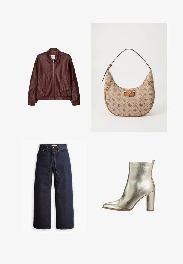 Bordeauxfarbene Leder-Bomberjacke mit einem Reißverschluss vorne, stehendem Kragen, zwei Seitentaschen und elastischen Bündchen sowie Saum. Glatte Textur.; Schwarzes ärmelloses Turtleneck-Top aus Stretchstoff, mit einem zentralen weißen Levi's-Logo auf einem rechteckigen Patch, mit glatter Textur.; Weite, dunkelblaue Jeans aus Denim mit hoher Taille, ausgestattet mit einem Kordelzug, fünf Taschen und kontrastierenden Nähdetails.; Metallisch goldener Knöchelstiefel mit spitzer Spitze, glatter Textur und einem klobigen hohen Absatz. Verfügt über eine Schlaufe an der Rückseite für ein einfaches Anziehen.; Beige Hobo-Tasche mit braunem Logo-Muster, Lederbesatz und einem Metallverschluss mit erhabenem "G". Verstellbarer Schultergurt inklusive.