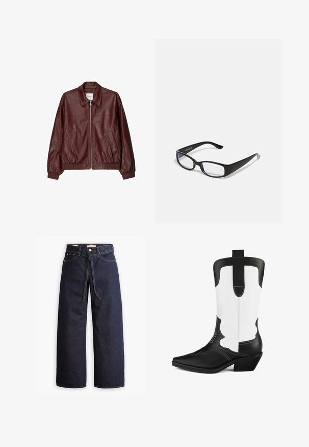 Veste bomber en cuir bordeaux avec une fermeture éclair à l'avant, col montant, deux poches latérales, et des poignets et un ourlet élastiques. Texture lisse.; Haut sans manches noir à col roulé fabriqué en tissu extensible, avec un logo Levi's blanc central sur un patch rectangulaire, et une texture lisse.; Jeans en denim bleu foncé à jambes larges, avec une taille haute, dotés d'un lien à cordon, de cinq poches et de détails de couture contrastants.; Botte de cow-boy noir et blanc en cuir synthétique, avec un bout pointu, un design festonné et un petit talon carré. Détail de couture remarquable.; Des lunettes rectangulaires noires avec des verres transparents. Fini brillant, branches étroites et teinte violette visible sur les bords des verres.