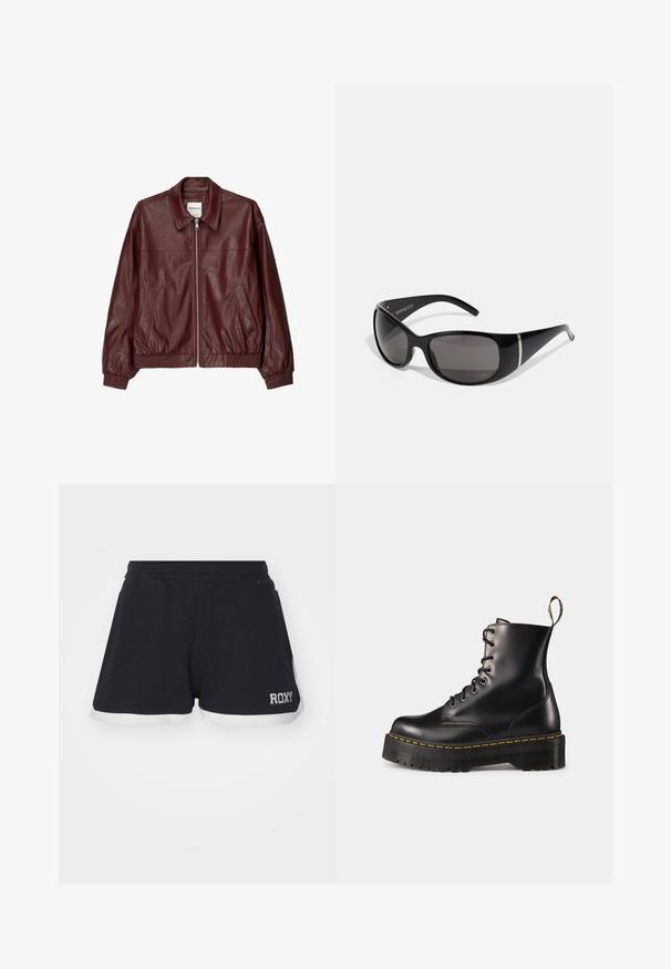 Bordeaux leren bomberjack met een voorsluiting met rits, staande kraag, twee zijzakken en elastische manchetten en onderrand. Glad textuur.; Twee mouwloze tops in zwart en wit, gemaakt van geribbelde katoen, met ronde halslijnen en een getailleerd ontwerp. Labels zichtbaar op beide.; Zwarte shorts met een witte zoom. Gemaakt van zachte stof, voorzien van een elastische tailleband en een "ROXY"-logo aan de onderzijde.; Zwarte leren veterschoenen tot de enkel met een robuuste zwarte zool en gele stiksels. Kenmerkend zijn de trekloop aan de achterkant en de ronde metalen oogjes.; Zwarte zonnebril met glanzende kunststof montuur, graden grijze lenzen en zilverkleurige accenten aan de zijkanten. Strak, gebogen ontwerp.; Zwarte stoffen tas met een gestructureerd, gewatteerd patroon. Rondvormig, korte, dikke handvatten en een zachte, flexibele structuur.