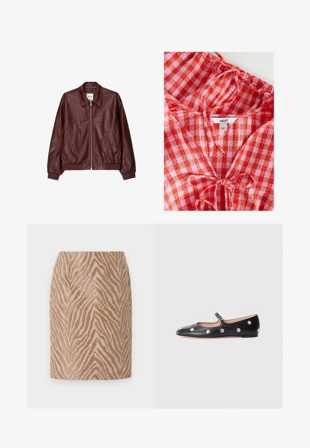 Burgundska usnjena bomber jakna s sprednjim zadrgo, stoječim ovratnikom, dvema stranskima žepoma ter elastičnimi manšetami in robom. Gladka tekstura.; Rdeča in roza karo bluzica z nabranim izrezom in detajlom s trakom. Narejena je iz lahkotnega blaga, z oznako "NEXT" znotraj.; Bežna mini krila s teksturiranim vzorcem zebre v temnejših odtenkih. Ima gladko površino in prilagojen dizajn s sprednjimi gubami.; Črne usnjene Mary Jane balerinke z zaobljenim noskom, opremljene z zlatimi krožnimi mošnjo in nastavljivim trakom z zaponko.