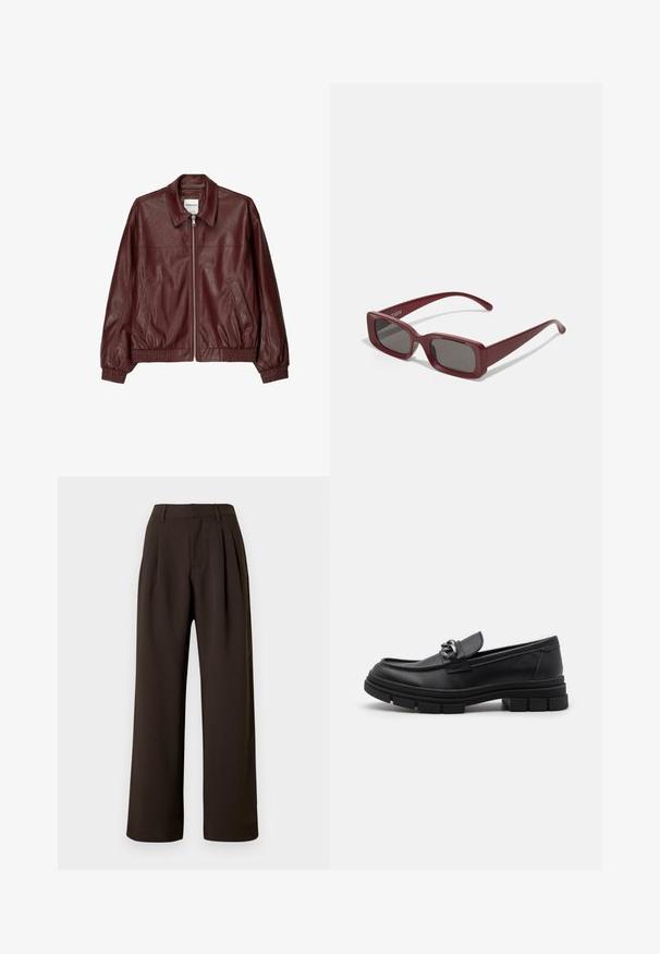 Giacca bomber in pelle bordeaux con zip frontale, colletto rialzato, due tasche laterali e polsini ed orlo elasticizzati. Texture liscia.; Due magliette attillate in nero e bianco. Realizzate in cotone a coste, presentano spalline larghe e scollature arrotondate. Marchio sul colletto.; Pantaloni marrone scuro a vita alta, a gamba larga, con passanti per cintura, pieghe anteriori e chiusura frontale nascosta su sfondo bianco.; Mocassino in pelle nera con punta arrotondata, una fascia decorativa e accessori in metallo, e una suola spessa e testurizzata. Finitura liscia con dettagli sottili.; Occhiali da sole rettangolari bordeaux con lenti scure, montatura spessa e tempie affusolate. Realizzati in plastica lucida con una texture liscia.