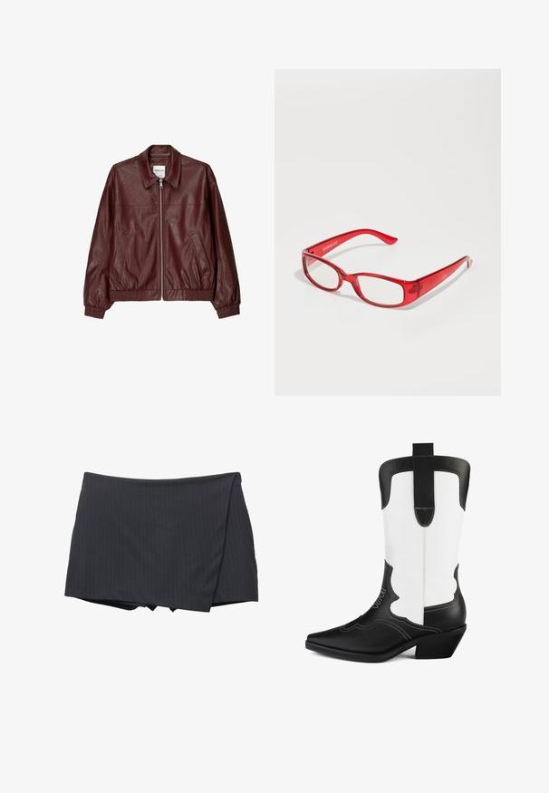 Giacca bomber in pelle bordeaux con zip frontale, colletto rialzato, due tasche laterali e polsini ed orlo elasticizzati. Texture liscia.; T-shirt in cotone bianco con una grafica che rappresenta due ciliegie rosse con riflessi, posizionata al centro davanti, maniche corte, scollatura a girocollo.; Gonna mini nera a righe con design avvolgente, realizzata in un tessuto liscio. Presenta una finitura pulita e senza chiusure visibili.; Stivale da cowboy in bianco e nero realizzato in similpelle, con punta a punta, design scallop e tacco basso. Dettagli di cucitura notevoli.; Occhiali da sole in plastica rossa con montatura rettangolare, lenti trasparenti e braccietti sottili. Il logo del marchio "even&odd" è impresso sulla cerniera.; Borsa a spalla nera intrecciata con tracolla in pelle liscia e chiusura con zip. Presenta una superficie texturizzata e una forma curvata.