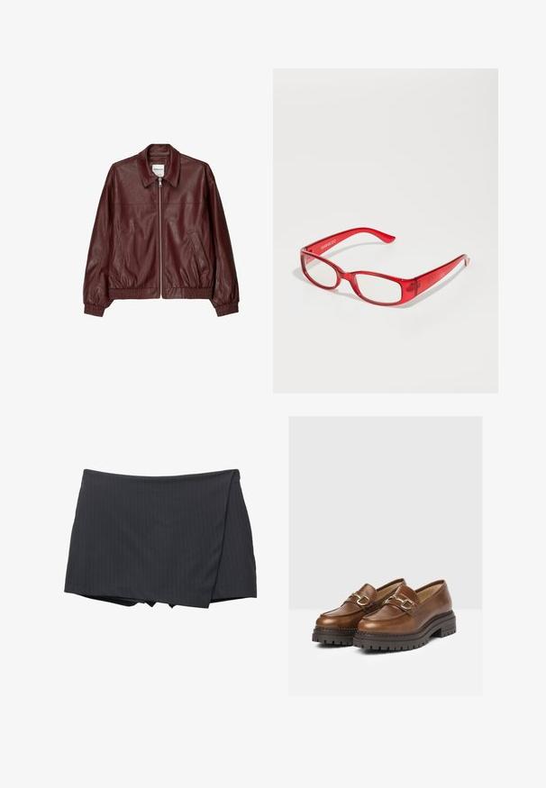 Giacca bomber in pelle bordeaux con zip frontale, colletto rialzato, due tasche laterali e polsini ed orlo elasticizzati. Texture liscia.; T-shirt in cotone bianco con una grafica che rappresenta due ciliegie rosse con riflessi, posizionata al centro davanti, maniche corte, scollatura a girocollo.; Gonna mini nera a righe con design avvolgente, realizzata in un tessuto liscio. Presenta una finitura pulita e senza chiusure visibili.; Mocassini in pelle marrone con suola spessa, dotati di dettagli in metallo dorato e cuciture sulla parte superiore per una maggiore texture.; Occhiali da sole in plastica rossa con montatura rettangolare, lenti trasparenti e braccietti sottili. Il logo del marchio "even&odd" è impresso sulla cerniera.; Borsa a spalla nera intrecciata con tracolla in pelle liscia e chiusura con zip. Presenta una superficie texturizzata e una forma curvata.