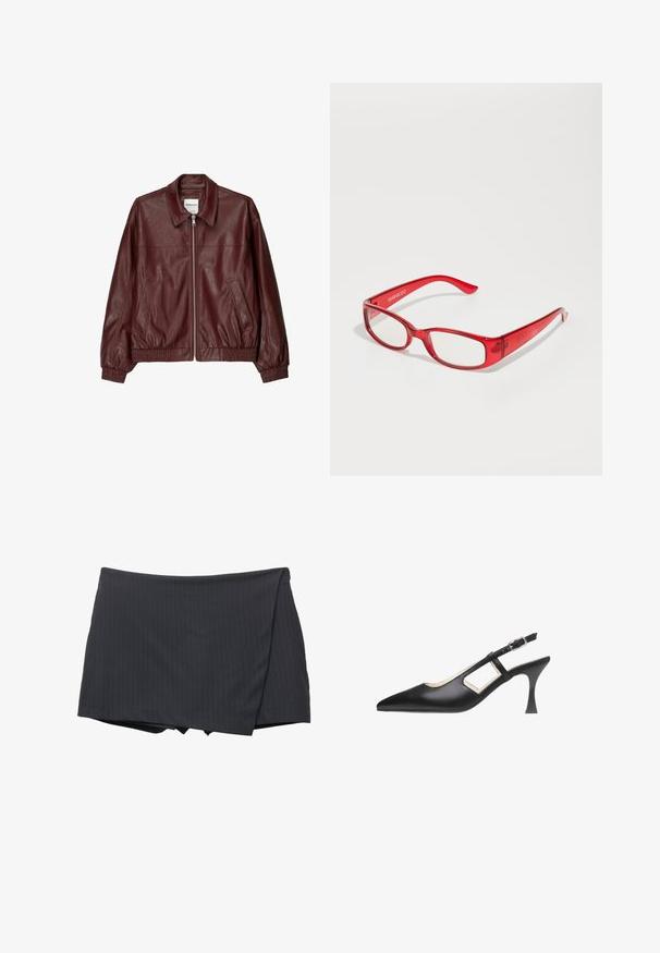 Veste bomber en cuir bordeaux avec une fermeture éclair à l'avant, col montant, deux poches latérales, et des poignets et un ourlet élastiques. Texture lisse.; T-shirt en coton blanc avec un design graphique de deux cerises rouges avec des reflets, positionné au centre devant, à manches courtes, encolure ras du cou.; Mini-jupe noire à rayures, avec un design enroulé, fabriquée à partir d'un tissu lisse. Dispose d'une finition soignée et sans attache visible.; Mocassin à talon escarpin noir en cuir lisse, avec un bout pointu, un talon élancé, et des découpes latérales avec une sangle à boucle.; Des lunettes en plastique rouge avec une monture rectangulaire, des verres transparents et des branches fines. Le logo de la marque "even&odd" est embouti sur la branche.; Sac à épaule tissé noir avec une bandoulière en cuir lisse et une fermeture éclair. Présente une surface texturée et une forme courbée.