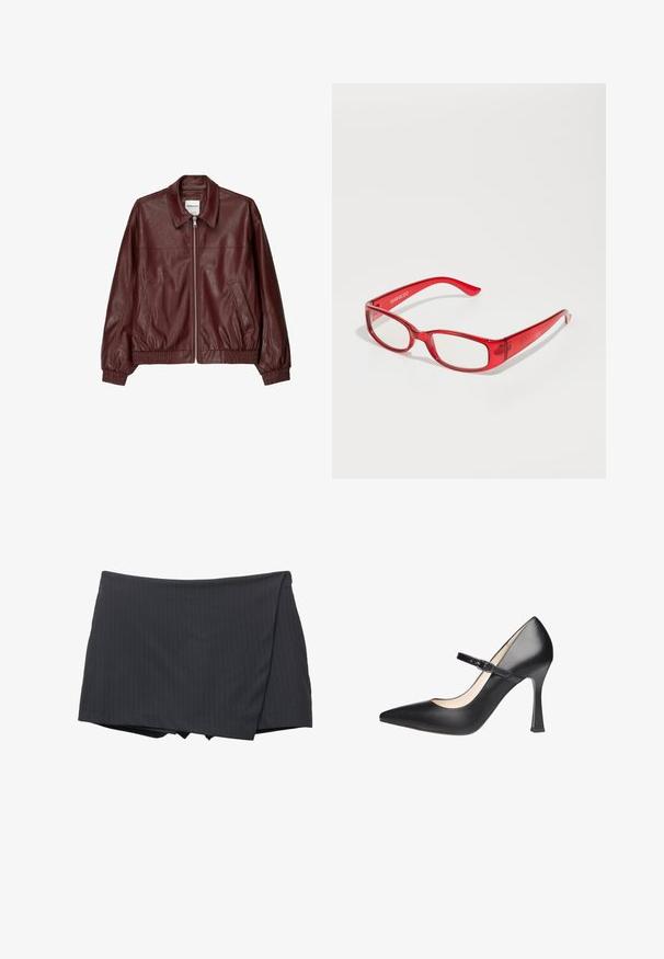 Bordowa skórzana kurtka bombowa z zamkiem z przodu, stojącym kołnierzem, dwiema bocznymi kieszeniami oraz elastycznymi mankietami i dołem. Gładka faktura.; Biała bawełniana koszulka z krótkim rękawem, z nadrukiem dwóch czerwonych wiśni z podświetleniami, usytuowana na środku z przodu, okrągły dekolt.; Czarna spódnica mini w paski, zapinana na krzyż, wykonana z gładkiego materiału. Posiada czyste wykończenie i brak widocznych zapięć.; Czarne skórzane szpilki Mary Jane z wysmukłą noskiem, z paskiem na kostkę i teksturowaną powierzchnią. Posiadają usztywniony obcas dla lepszego wsparcia.; Czerwone plastikowe okulary w prostokątnej oprawie, z przezroczystymi soczewkami i cienkimi zausznikami. Na zauszniku jest wytłoczone logo marki "even&odd".; Czarna, pleciona torba na ramię z gładkim skórzanym paskiem i zapięciem na zamek. Charakteryzuje się teksturowaną powierzchnią i zakrzywionym kształtem.