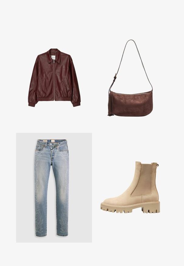 Burgundyröd läderbomberjacka med dragkedja fram, ståkrage, två sidofickor samt elastiska manschetter och fåll. Slät textur.; Levi's® T-shirt med print - braun; Ljust blå denimjeans med hög midja, raka ben och dekorativa pärlmönster längs de yttre sömmarna. Femfickorsdesign och knappgylf.; Beige ankelboots med en slät mockayta, elastiska sidopaneller och en kraftig klacksål för bra grepp. Har en dekorativ sömdetalj.; Brun mockaskinn crossbody-väska med dragkedjestängning, böjd form och en sidotassel detalj. Har en justerbar rem för varierad längd.