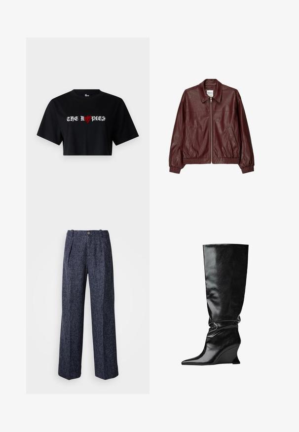 Bordová kožená bomber bunda s predným zipsom, stojatým golierom, dvoma bočnými vreckami a elastickými manžetami a lemom. Hladká textura.; Čierne skrátené tričko vyrobené z bavlny, ktoré obsahuje výrazný biely a červený grafický text "THE ROPDIES" so srdcovým symbolom zakomponovaným do dizajnu.; Nohavice v námorníckej modrej farbe s textúrovanou väzbou, vysokým pásom, širokým strihom a prednými záhybmi. Obsahujú jediné zapínanie na gombík a zips.; Čierne kožené čižmy na klinovom podpätku do výšky kolien s špicatou špičkou a zloženou textúrou; hladký povrch s pevnou siluetou.