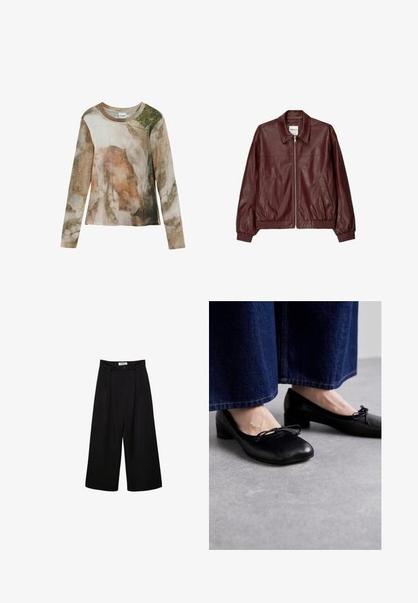 Bordowa skórzana kurtka bombowa z zamkiem z przodu, stojącym kołnierzem, dwiema bocznymi kieszeniami oraz elastycznymi mankietami i dołem. Gładka faktura.; Lekki, długi rękaw, z nadrukiem abstrakcyjnym inspirowanym naturą w ziemistych odcieniach brązu i zieleni. Okrągły dekolt i miękka faktura.; Czarne spodnie szerokie nogawki z wysokim stanem, z plisowanym przodem i zapięciem na guzik. Wykonane z gładkiego materiału o dopasowanym kroju.; Czarne skórzane buty z kwadratowym noskiem i małym obcasem, z dekoracyjną kokardą z przodu. Noszone z ciemnoniebieskimi spodniami dżinsowymi.