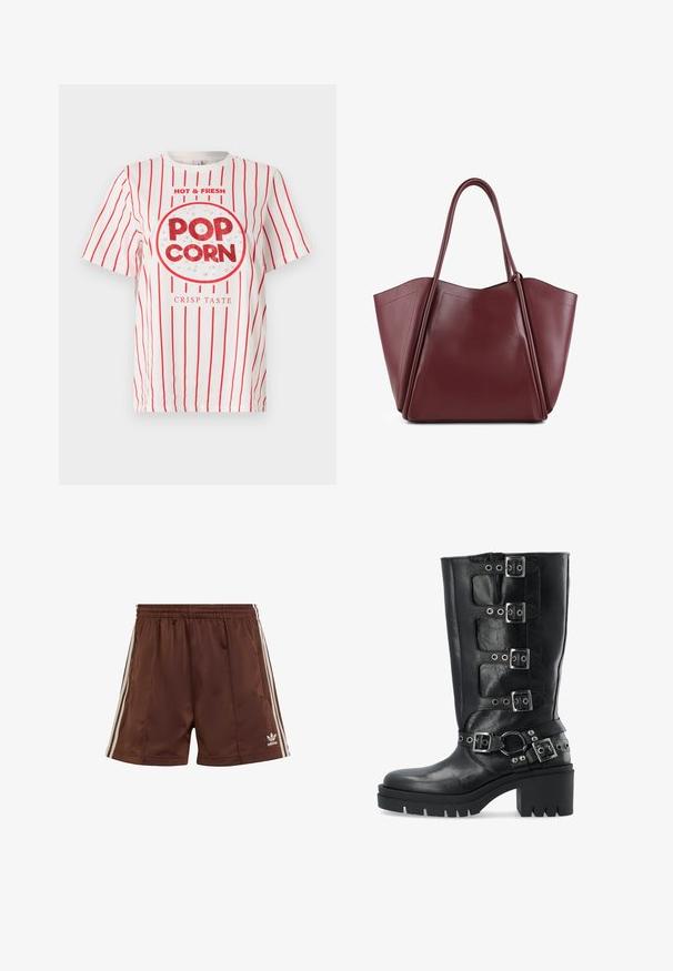 Bordeaux leren bomberjack met een voorsluiting met rits, staande kraag, twee zijzakken en elastische manchetten en onderrand. Glad textuur.; Witte t-shirt met rode verticale strepen, voorzien van een ronde popcornafbeelding met glinsterende rode tekst "POP CORN" en "CRISP TASTE" eronder.; Bruine sportshorts van gladde stof met een relaxte pasvorm, voorzien van witte zijkanten en een geborduurd logo op de linkerbovenrand.; Zwarte leren kniehoog laars met vier zilveren gespbanden, een dikke platformzool en gestikte accenten rond de enkel.; Grote bordeauxleren tote bag met twee lange handvatten, hoekig ontwerp, gladde textuur en subtiele geperste logo aan de voorkant.