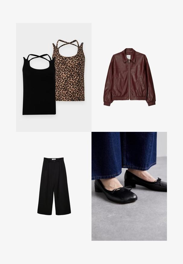 Burgundy nahka bomber-takki, jossa on etuvetoketju, seisova kaulus, kaksi sivutaskua sekä joustavat hihansuut ja helma. Sileä pinta.; Kaksi toppeja on esillä: yksi musta, jossa on ristikkäiset hihnat, ja toinen vaaleanruskea pohja mustalla leopardikuviolla. Molemmissa on pyöreä pääntie.; Mustat leveät housut, joissa on korkeavyötärö, poimutettu etuosa ja nappisulku. Valmistettu sileästä kankaasta, jossa on räätälöity muotoilu.; Musta nahkakengät, joissa on nelikulmainen kärki ja pieni korko, edessä koristeellinen nauha. Yhdistetty tumman farkuhousujen kanssa.