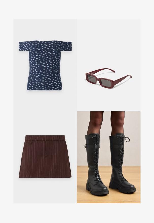 Burgundyröd läderbomberjacka med dragkedja fram, ståkrage, två sidofickor samt elastiska manschetter och fåll. Slät textur.; Marinblus med off-the-shoulder-design i ribbat material och liten ljusblå blommönster. Den figursydda designen framhäver formen och har korta ärmar.; Brun randig kjol med skräddarsydd passform, som har en platt midja, sidofickor och rakt skuren fåll. Material av bomullsblandning.; Höga svarta läderkängor med snörning, knähöga design, rund tå, tjock strukturerad sula och dekorativ sidrem och hårdvarudetalj.; Burgunderfärgade rektangulära solglasögon med mörka linser, tjocka bågar och avsmalnande skalmar. Tillverkade av en glänsande plast med en smidig textur.