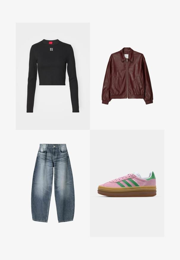Bordová kožená bomber bunda s predným zipsom, stojatým golierom, dvoma bočnými vreckami a elastickými manžetami a lemom. Hladká textura.; Čierne dlhé rukávy cropped top vyrobený z hladkej tkaniny, s okrúhlym výstrihom a bielym logom "HUGO" na strede hrude.; Džínsy s širokými nohavicami vyrobené z svetlomodrého denim materiálu s opotrebovaním, s piatimi vreckami, zapínaním na gombík a minimálnym prešívaním.; Ružové semišové tenisky so zelenými pruhmi, bielymi akcentmi a hnedou gumovou podrážkou. Obsahujú textúrovanú tkaninu a logo na boku.