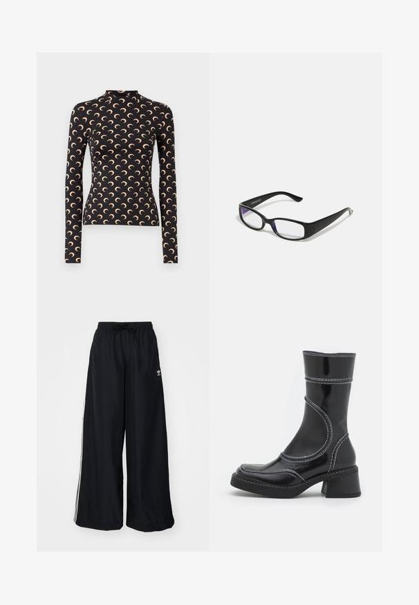 Bordeaux leren bomberjack met een voorsluiting met rits, staande kraag, twee zijzakken en elastische manchetten en onderrand. Glad textuur.; Zwarte langemouwen top met een hoge halslijn, versierd met een herhalend patroon van halve manen in lichtbeige. Gemaakt van een gladde, rekbare stof.; Zwarte wijde pijpen broek gemaakt van lichtgewicht stof. Heeft een elastische tailleband met een trekkoord en witte zijstrepen. Merklogo op de heup.; Zwarte lakleren enkellaars met witte stiksels, ronde neus en blokhak. Kenmerkt zich door gebogen ontwerplijnen en een gladde textuur.; Zwarte rechthoekige bril met heldere glazen. Glanzende afwerking, smalle veren en paarse tint zichtbaar aan de randen van de glazen.