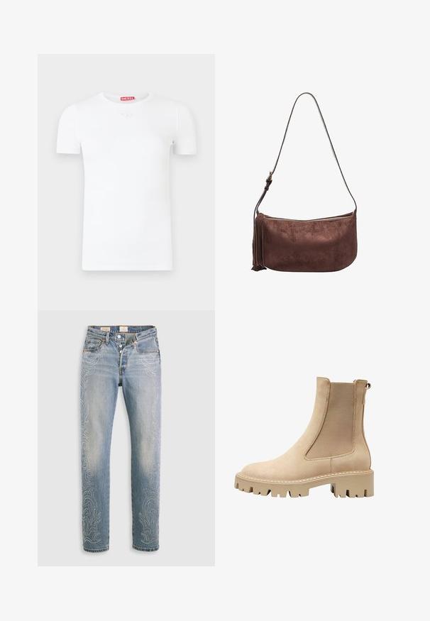 Giacca bomber in pelle bordeaux con zip frontale, colletto rialzato, due tasche laterali e polsini ed orlo elasticizzati. Texture liscia.; T-shirt bianca a maniche corte con scollo rotondo, texture a coste e un piccolo logo circolare sul petto. Etichetta del marchio rossa sul retro.; Jeans in denim blu chiaro con vita alta, gamba dritta e motivi decorativi di perline lungo le cuciture esterne. Design a cinque tasche e chiusura con bottone.; Stivaletto beige con finitura in suede liscia, pannelli laterali elasticizzati e suola a carrozza spessa per una migliore trazione. Presenta un dettaglio di cucitura decorativa.; Borsa a tracolla in suede marrone con chiusura a zip, forma curvata e dettaglio con frange laterali. Dotata di una tracolla regolabile per lunghezze variabili.