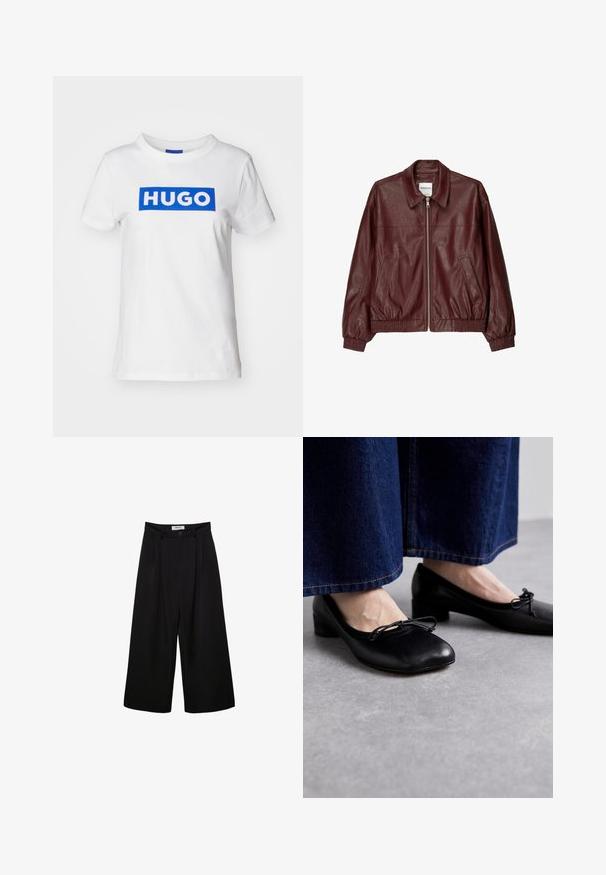 Burgunderfarvet læder bomberjakke med frontlynlås, ståkrave, to sidelommer og elastiske manchetter og kant. Glat tekstur.; Hvid bomulds t-shirt med et blåt rektangulært "HUGO" logo trykt på tværs af brystet. Klassisk rund halsudskæring og korte ærmer.; Sorte brede bukser med høj talje, plisseret front og knaplukning. Lavet af glat stof med en skræddersyet design.; Sorte lædersko med firkantet tå og lille hæl, prydet med en dekorativ sløjfe foran. Båret med mørke denimbukser.
