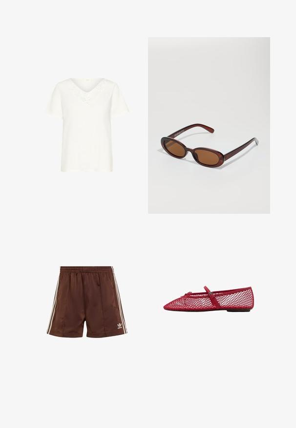 Bordeaux leren bomberjack met een voorsluiting met rits, staande kraag, twee zijzakken en elastische manchetten en onderrand. Glad textuur.; Witte t-shirt met korte mouwen en een V-hals, versierd met bloeiende kant rond de halslijn, gemaakt van zacht materiaal met een ontspannen pasvorm.; Bruine sportshorts van gladde stof met een relaxte pasvorm, voorzien van witte zijkanten en een geborduurd logo op de linkerbovenrand.; Rode mesh ballerina's met een spitse neus, voorzien van een dunne band en een gespdetail. De bovenkant heeft een open honingraatpatroon.; Ronde, bruin getinte zonnebril met een glanzend bordeauxrood frame. Slanke pootjes met subtiele merkdetails. Vlakke lensontwerp.