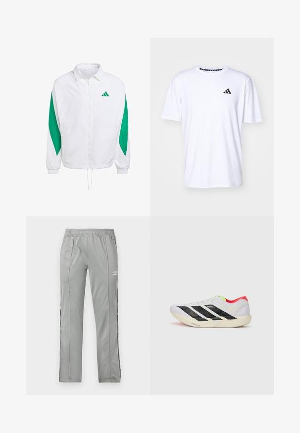 Weißer Windbreaker mit grünen Seitenakzenten. Verfügt über einen vorderen Reißverschluss, elastische Bündchen und einen Kordelzug am Saum. Sportmarkenlogo auf der Brust.; Weißes T-Shirt mit kurzen Ärmeln aus glattem Stoff. Verfügt über ein schwarzes adidas-Logo auf der linken Brust und einen gemusterten Kragen.; Hellgraue Umbro-Sporthose mit elastischem Bund und schwarz-weißen Seitenstreifen, präsentiert vor einem weißen Hintergrund.; Weißer Sportschuh mit schwarzen Streifen, neongrünen Akzenten und einer roten Ferse. Hat ein leichtes Design und eine strukturierte Sohle für besseren Grip.