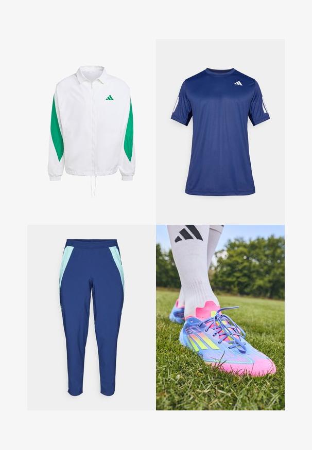 White windbreaker jacket with green side accents. Features a front zipper, elastic cuffs, and drawstring hem. Sports brand logo on chest.; Navy blue short-sleeve athletic shirt made of smooth fabric, featuring a crew neck and a white logo detail on the upper left chest.; adidas Performance ARSENAL FC 24/25 TIRO24 PRESENTATION - Club wear - night sky; Adidas soccer cleats in blue, pink, and neon yellow; textured synthetic upper, curved design, flat laces, and conical studs for traction.