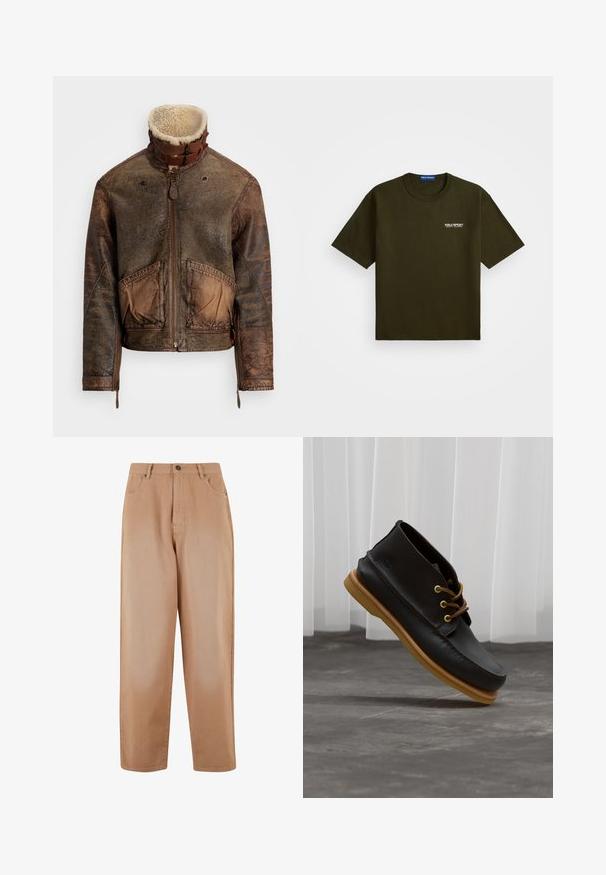 Jachetă din piele maro, uzată, cu guler din blană de miel, fermoar frontal, curele cu cataramă, două buzunare frontale și manșete cu fermoar.; Tricou scurt cu mânecă, de culoare verde măsliniu închis, cu guler rotund și un mic logo alb "Polo Sport Ralph Lauren" pe pieptul stâng.; Pantaloni largi bej, fabricați dintr-un material moale din bumbac. Au un închizător frontal cu nasture și fermoar, cinci buzunare și bucle pentru curea.; Pantofi din piele neagră cu o finisare netedă, vârf rotund, șireți maro și tălpi din cauciuc bej. Logo embosat pe lateral.