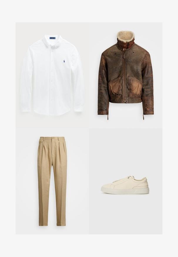 Ruda, nusidėvėjusi odinė striukė su avikailio apyvarde, priekinė užtrauktuko uždarymo dalis, sagtelės diržai, dvi priekinės kišenės ir užtrauktukai ant rankovių.; Balta, ilgomis rankovėmis marškiniai, pagaminti iš medvilnės, su mygtukų apykakle ir mažu mėlynu polo logotipu krūtinėje. Lygus audinys, klasikinis fasonas.; Bežinės lininės kelnės tiesaus kirpimo, turinčios dvi priekinės klostes, sagų užsegimą ir šonines kišenes. Tekstūruotas audinys su lygiu paviršiumi.; Kreminio odos sportbačiai su apvaliu nosiu, minimalistiniu dizainu, subtiliomis siuvimo detalėmis ir tekstūrine viršutine dalimi, ant šviesios pado.