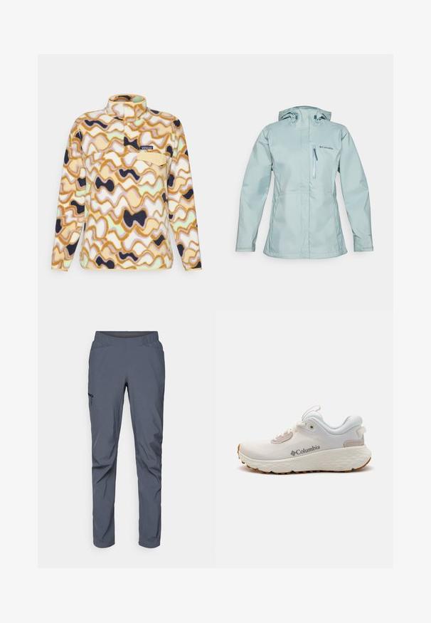 Hele sinine veekindel jope kapuutsiga, lukuga rinna tasku, reguleeritavad mansetid ja diskreetne brändimine ees. Sile, vastupidav kangas.; Patagonia SNAP - Fliisdžemper - natural; Hallid performance püksid, millel on elastne vöökoht, kaks eesmist taskut ja tõmblukuga küljetasku. Sile tekstuur ja kitsenev lõige.; Kerged Columbia spordijalanõud valgest võrgust, millel on tekstureeritud hall tall ja kummist haardepind. Omaduseks on polsterdatud krae ja nööridega kinnitussüsteem.