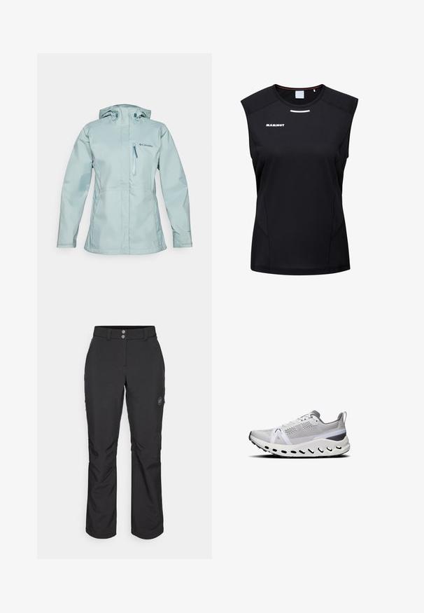 Veste imperméable bleu clair avec capuche, poche poitrine zippée, manches ajustables et branding subtil à l'avant. Tissu lisse et durable.; Mammut AENERGY FL - Débardeur - black; Pantalons en extérieur noirs à coupe droite, dotés d'une fermeture par bouton, de poches latérales zippées et d'un patch logo sur la cuisse gauche.; Baskets de sport blanches avec une tige en maille, accents gris, semelle épaisse et confortable, et plusieurs trous de ventilation le long du bord inférieur.