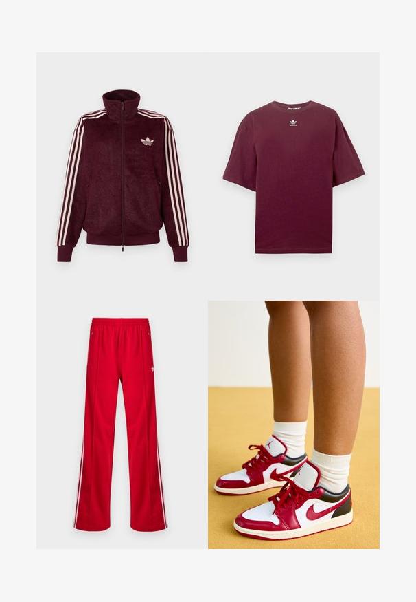 Burgundy plüss, cipzáras sportdzseki, három fehér csíkkal az ujjakon és fehér Adidas trefoil logóval a bal mellkason.; Bordó pamut póló kerek nyakkivágással és rövid ujjakkal, középen fehér Adidas logóval a mellkason. Simább textúra.; Piros sportnadrág laza szabással, elasztikus derékpánttal, két oldalzsebbel és fehér oldalsávokkal. Simább, szintetikus anyagból készült.; Jordan AIR JORDAN 1 LOW - Sportcipő - white/gym red/black/sail