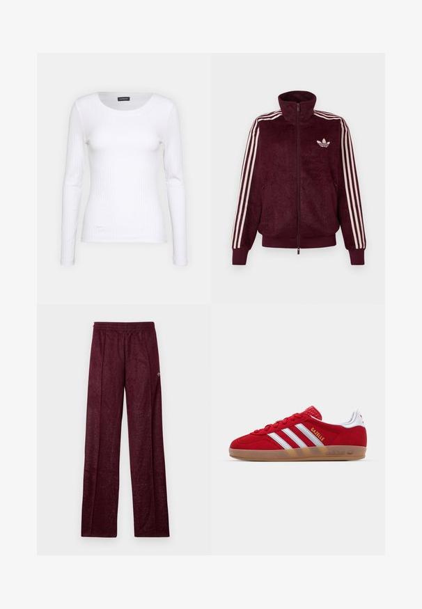 Jaqueta de desporto em bordeaux, em tecido peluche, com fecho éclair e três riscas brancas nas mangas, além do logo trefoil branco da Adidas no lado esquerdo do peito.; Top branco canelado de mangas longas com um decote redondo. Feito de um tecido elástico que se ajusta ao corpo. Apresenta linhas horizontais sutis.; Calças de treino em borgonha feitas de um tecido texturado, com um cós elástico e costuras laterais para um design de pernas retas.; Sapatilha de camurça vermelha com design de três riscas brancas e texto "Gazelle" em dourado. Apresenta uma sola de borracha e um calcanhar texturizado.