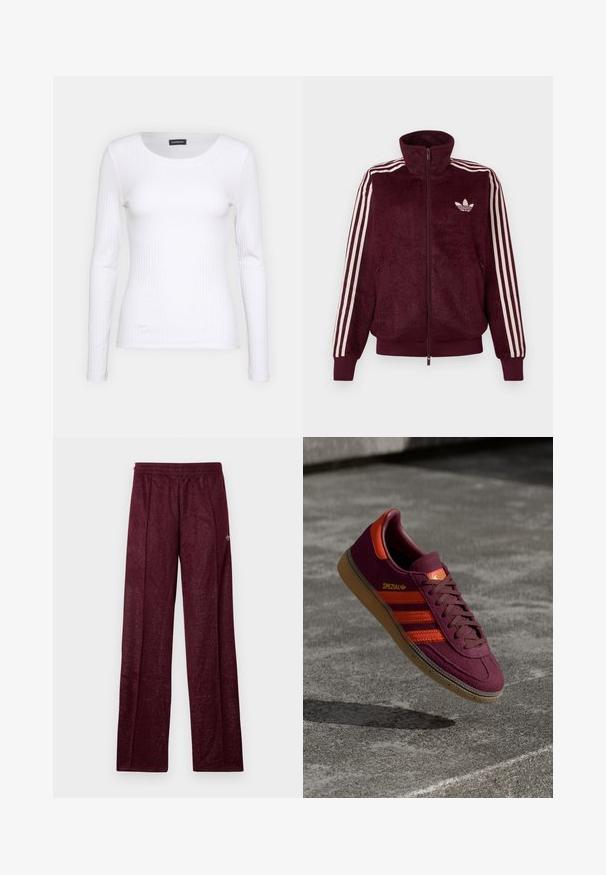 Giacca da track zippata in velluto bordeaux con tre strisce bianche sulle maniche e logo trefoil bianco di Adidas sul lato sinistro del petto.; Top a maniche lunghe bianco con collo rotondo. Realizzato in un tessuto elasticizzato che si adatta al corpo. Presenta delle sottili righe orizzontali.; Pantaloni sportivi color bordeaux realizzati in tessuto testurizzato, con vita elastica e cuciture laterali per un design a gamba dritta.; Sneaker in suede bordeaux con strisce e accenti arancioni, lacci marroni e suola in gomma. Presenta un'etichetta con logo sulla linguetta.