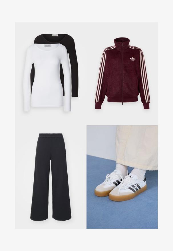 Burgundiško aksominis praktiškas džemperis su užtrauktuku, turintis tris baltas juostas ant rankovių ir baltą Adidas trefoil logotipą kairėje krūtinės pusėje.; Ilgai rankoviai marškiniai iš baltos ir juodos medvilnės, su apvaliais iškirpimais ir prigludusia forma. Etiketas matomas prie kaklo.; Juoda plačių kojų sportinė kelnė, pagaminta iš minkštos medžiagos, su elastinga juosmens juosta ir mažu logotipu kairėje pusėje.; Baltos sportbačiai su noir juostomis ir šviesiai rudos zomšos akcentais. Yra tekstūruota gumos padas ir plokščiomis baltomis raištelėmis, dėvimi su šviesiai spalvotomis kojinėmis.