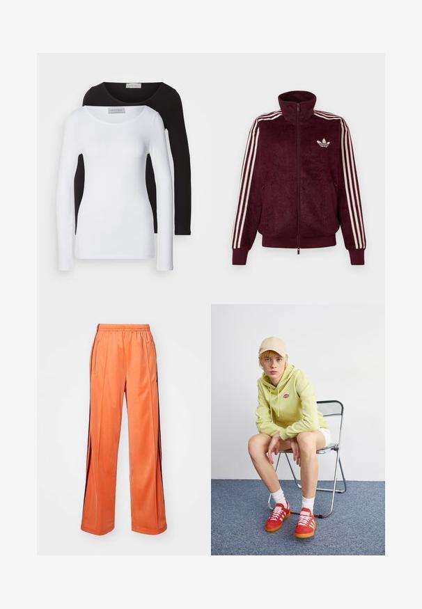 Bordeaux pluche zip-up trainingsjack met drie witte strepen op de mouwen en het witte Adidas trefoil logo op de linkerborst.; Langdurige t-shirts in witte en zwarte katoen, met ronde halslijnen en een getailleerd ontwerp. Etiket zichtbaar bij de hals.; Oranje sportbroek van soepel materiaal, met een wijd pijpdesign, elastische tailleband en contrasterende zijstrepen.; Lichtgroene hoodie met logo, witte shorts, rode sneakers met witte strepen, zittend op een chroom opvouwstoel tegen een neutrale achtergrond.
